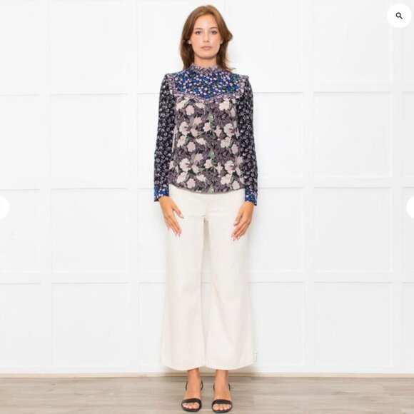 Rebecca Taylor Blouse SILK sz 6 Multicolor Floral Ruffles Mix Print Victorian - Picture 2 of 7